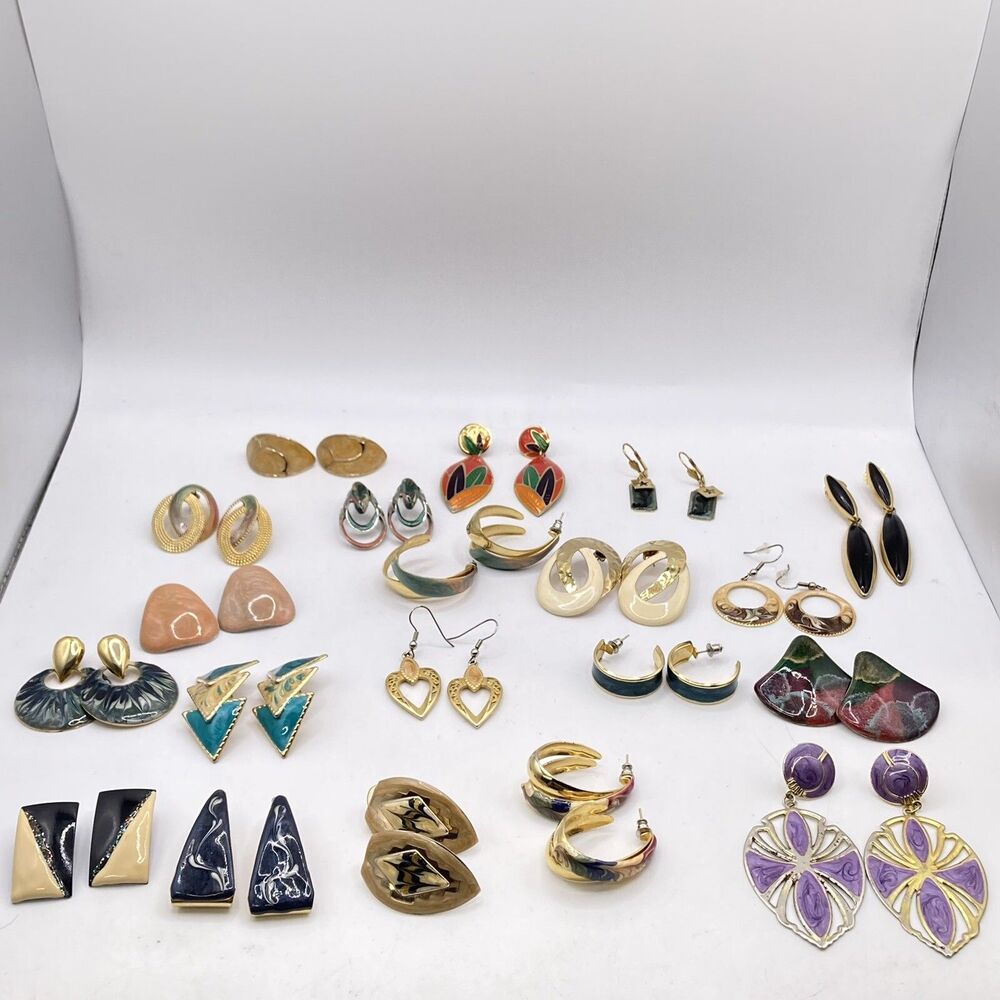 VTG Retro Enamel Earring Lot-Pierced 20 Pairs-Unbranded-Silver & Gold Tones